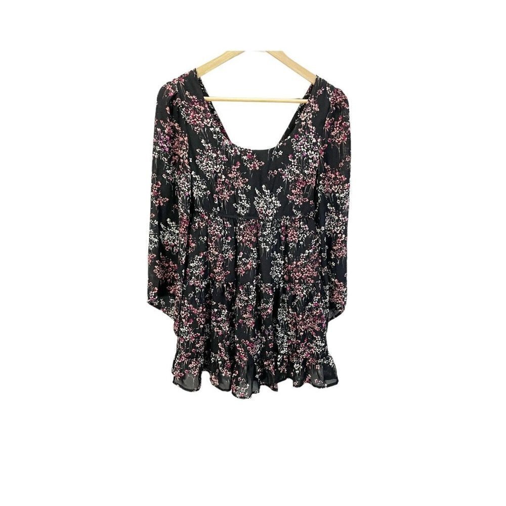 Socialite‎ Black Pink Floral Long Sleeved Empire Waist Tiered Dress Sz S Flowy